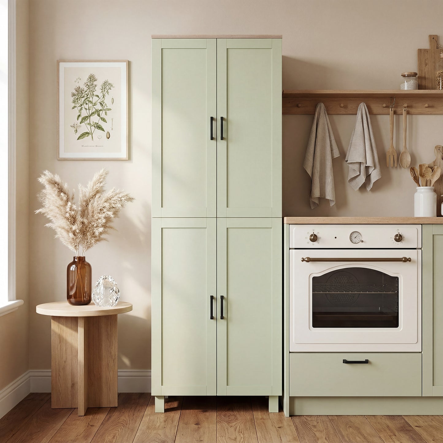 Freestanding Kitchen Cupboard, 4-Door Storage Cabinet with Adjustable Shelves, Modern Kitchen Pantry, 170cm, Green