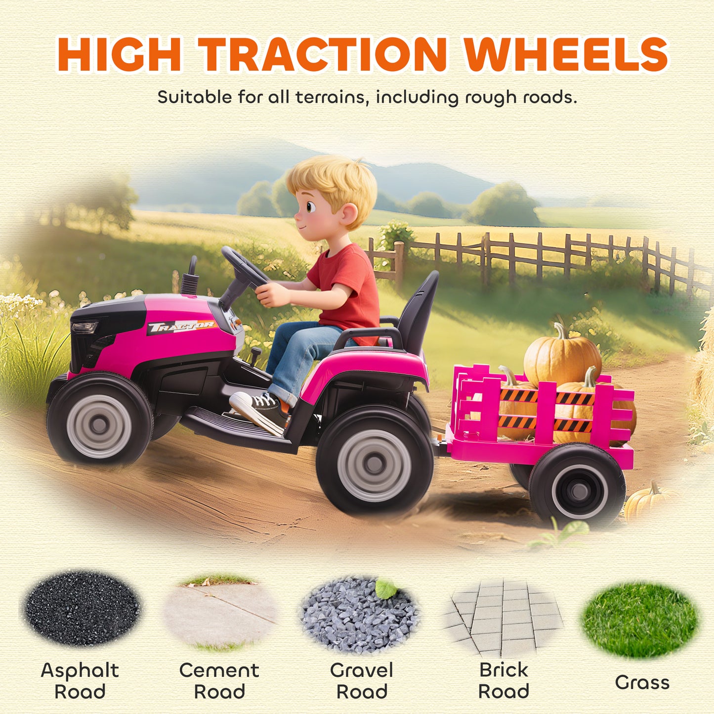 12V Ride on Tractor and Trailer with Remote Control, Music, Shifter, Start-Up Sound, for Kids Ages 3-8 Years, Pink