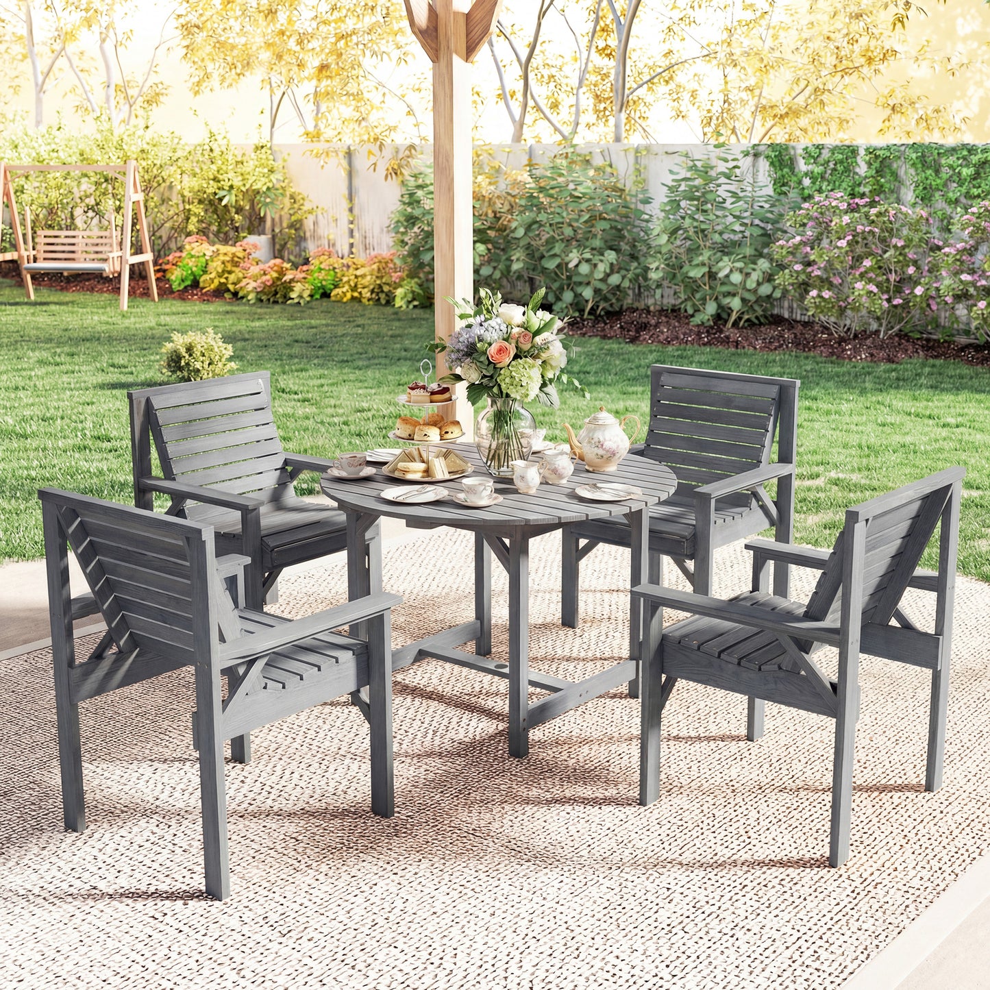5 Pieces Garden Dining Set with Parasol Hole, Round Outdoor Table and Chairs, 4 Seater Wooden Garden Furniture, Grey