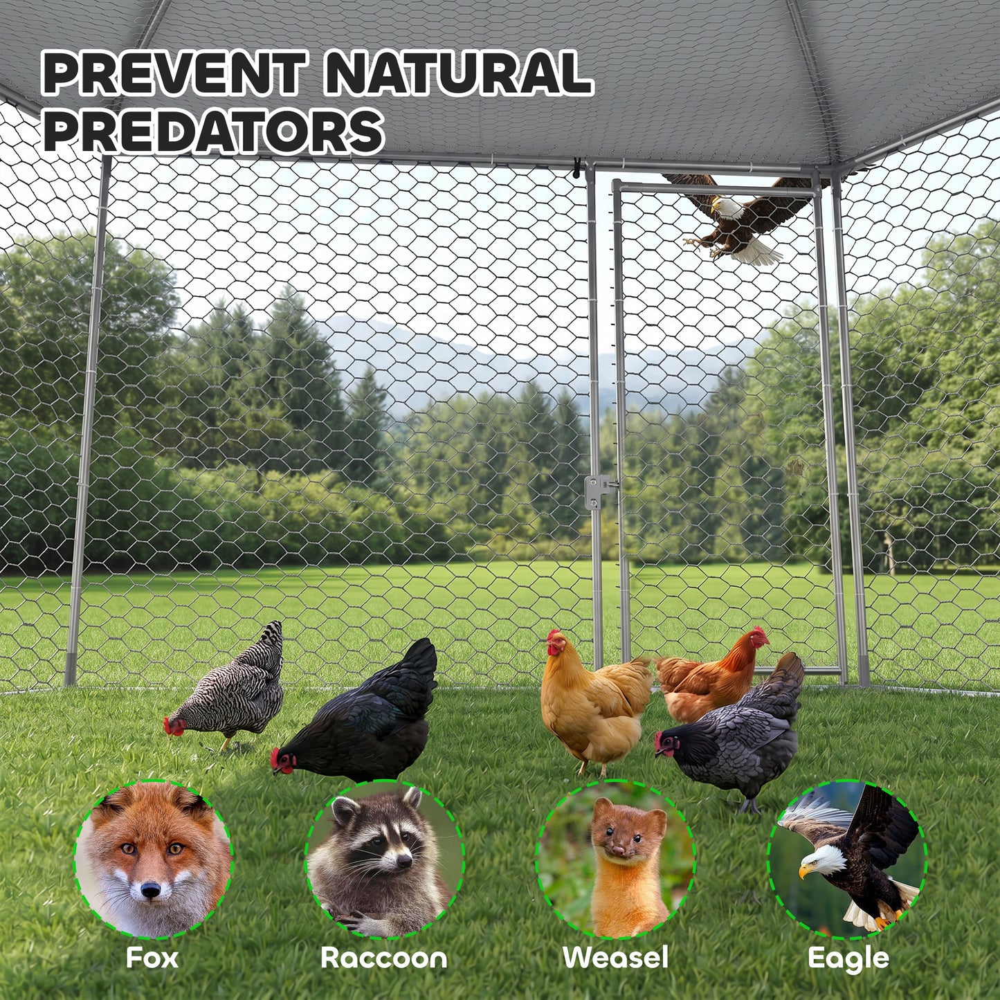 Chicken Coop for 10-15 Chickens, Hens, Rabbits, Ducks, Outdoor Garden Chicken Run, 4 x 3.5 x 2.6m
