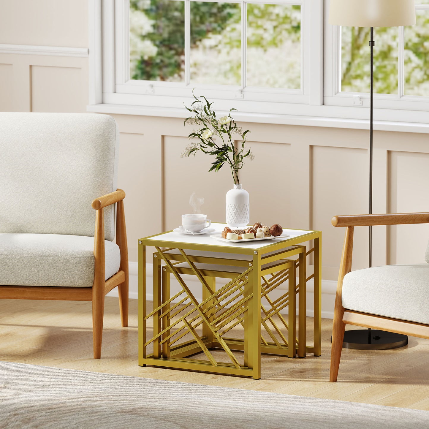 Nesting Coffee Tables, Set of 3 Square Side Tables with Gold Metal Frame, for Living Room, Bedroom and Office, White