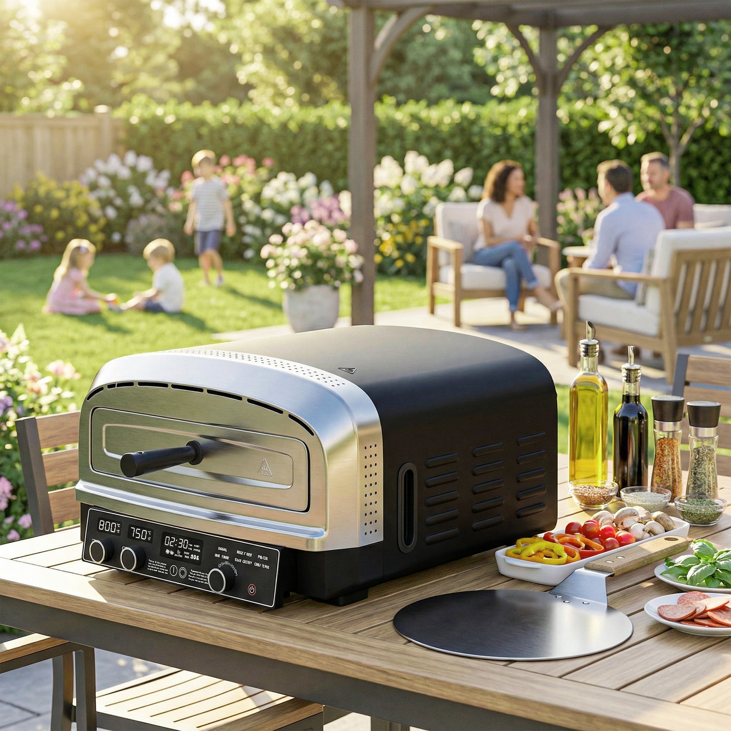 Outdoor Pizza Oven Dual Heat Control 6 Presets Electric Pizza Maker with 37 cm Stone and Peel