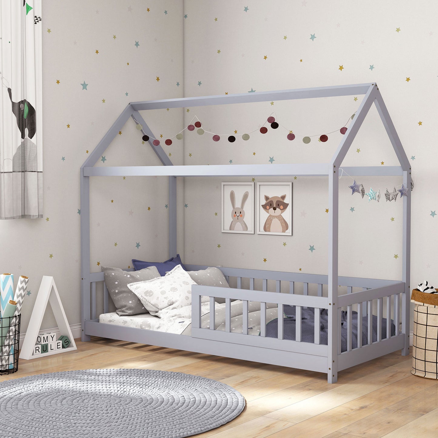 House-Shaped Kids Bed Frame with Guard Rails, Solid Pine Wood Single Bed Frame for Kids Boys and Girls, Grey