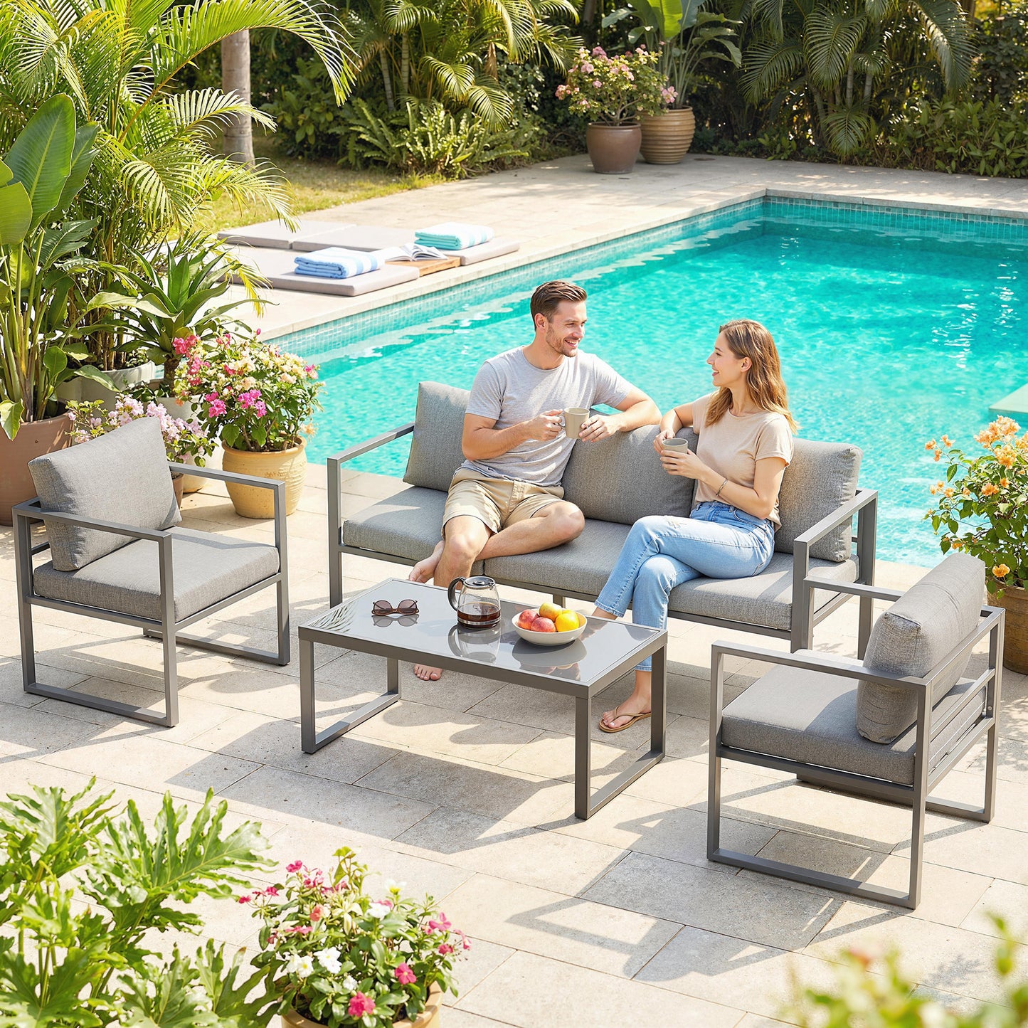 4 Piece Outdoor Garden Furniture Set, Patio Furniture with 3-Seater Sofa, Armchairs and Coffee Table
