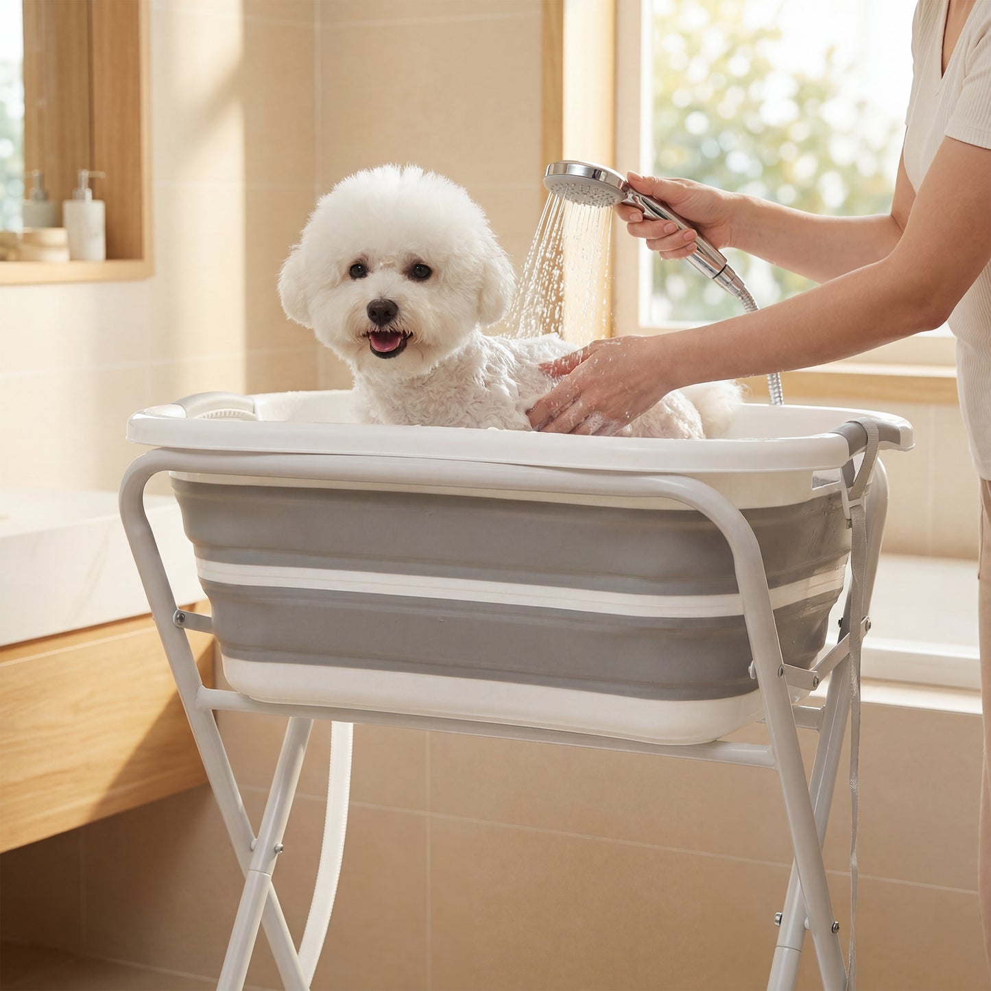 Dog Bath Tub, Portable Foldable Dog Bathtub with Stand, Drainage Hole, for Small Dogs Puppies Grey