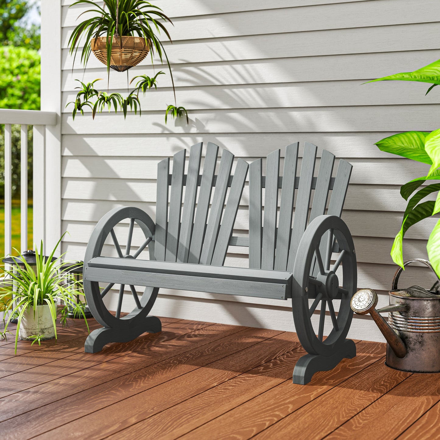 Fir Wood Love Seats with Wheel-Shaped Armrests, Large Load-Bearing Chair, Grey