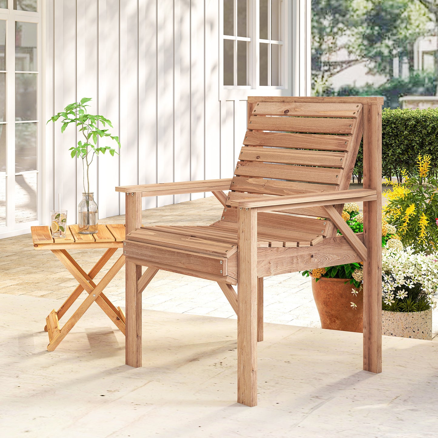 Wooden Garden Dining Chair, Outdoor Chair Garden Armchair with Curved Seat and Wide Armrests, Natural Wood Finish