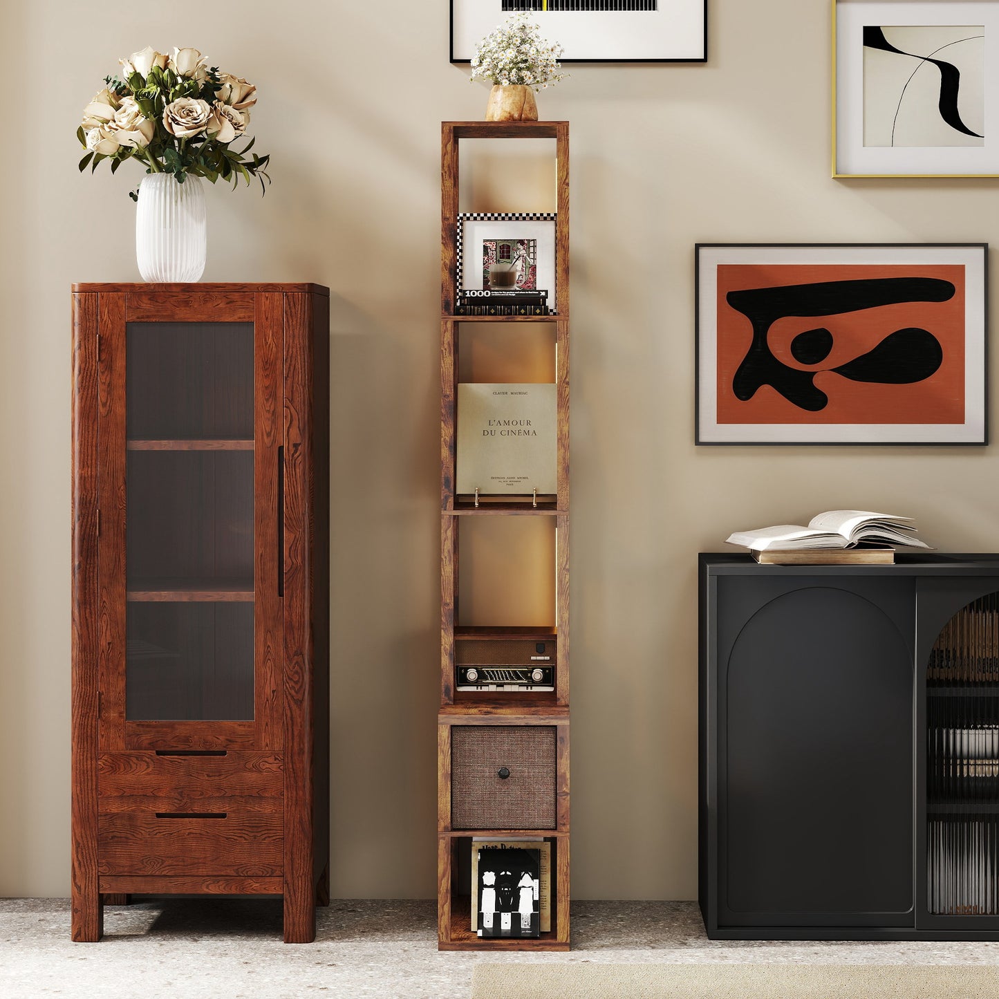 Floor Lamp with Shelves, LED Column Modern Standing Lamp with Fabric Drawer, Adjustable Brightness, Rustic Brown
