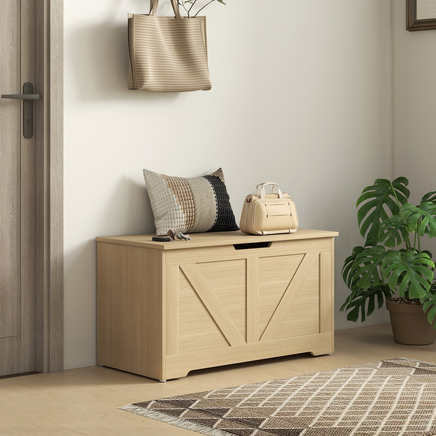 100L Home Storage Box, with Safety Hinge - Natural Wood Finish