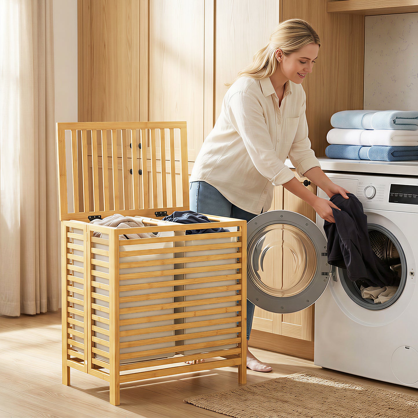 Bamboo Laundry Basket with Lid, 2 Baskets, Foldable, 64L, Natural and Cream White