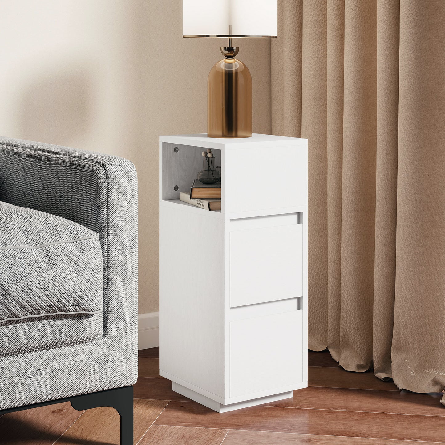 Slim Bedside Table, Narrow Bedside Cabinet with Open Shelf and 2 Drawers for Bedroom, Living Room, White