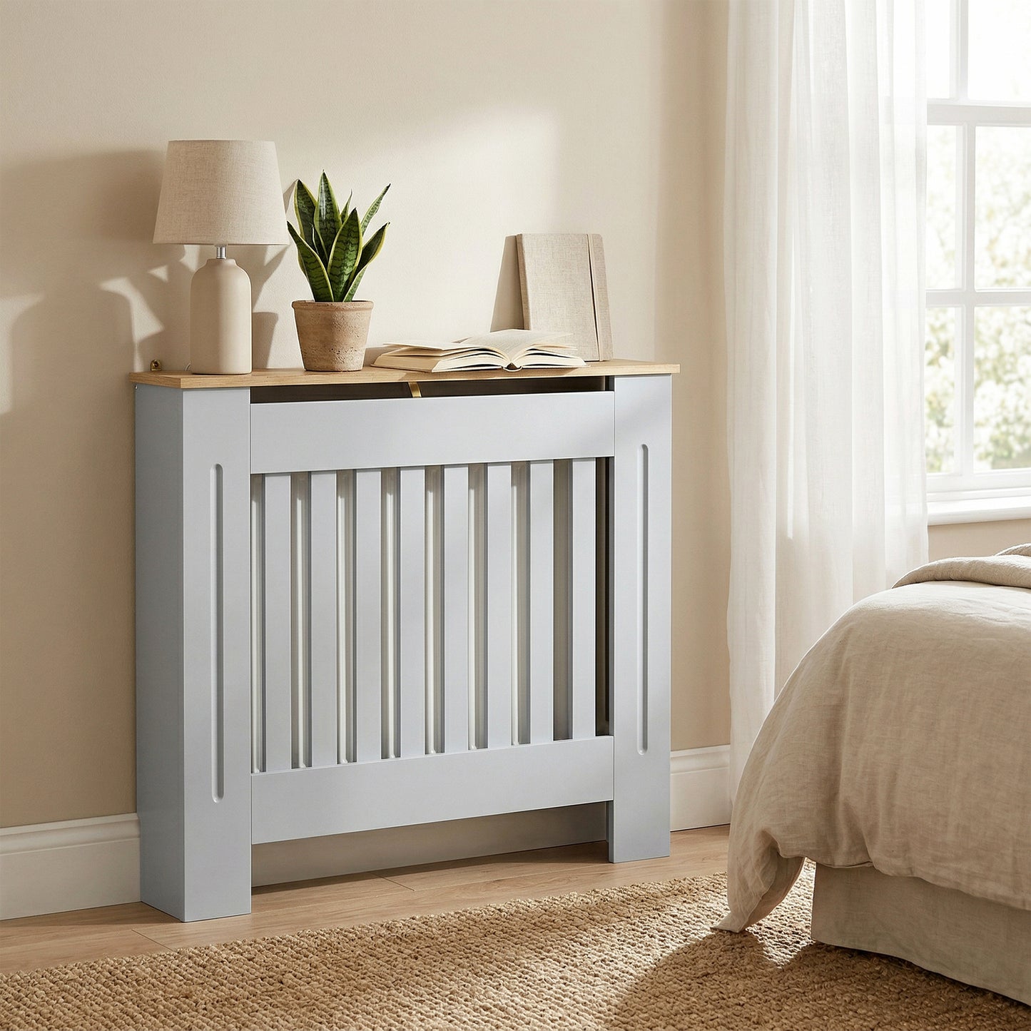 Heater Cover, Radiator Cover Slatted Painted MDF Lined Grill Grey, 78L x 19W x 81H cm