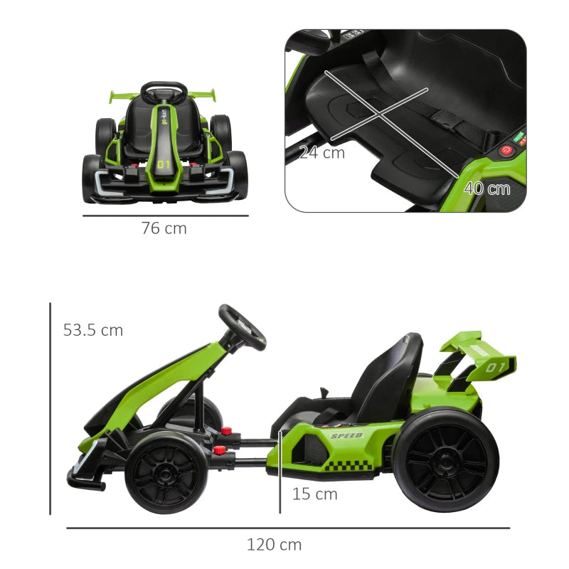 24V Electric Go Kart for Kids with Adjustable Seat and Headlights - Green / Black