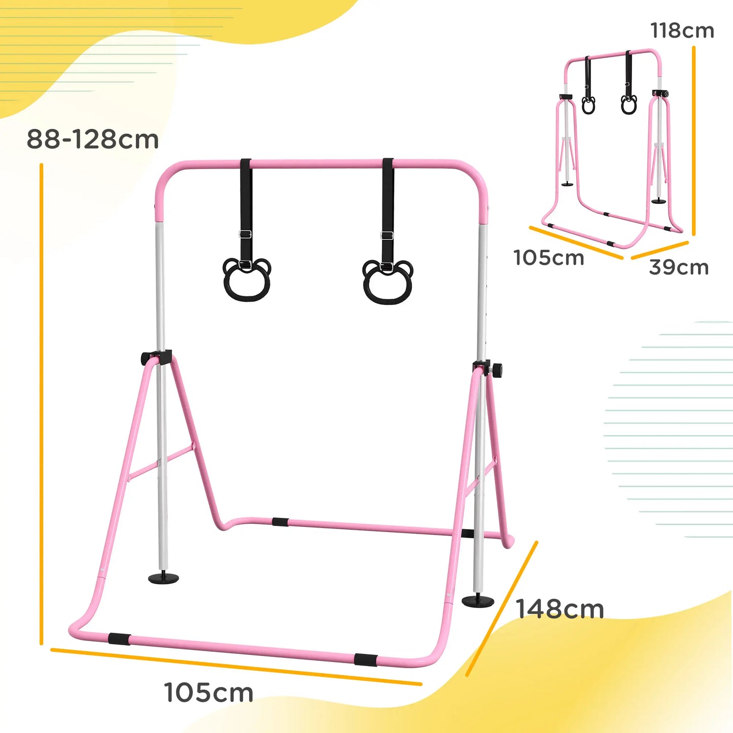 Adjustable Height Gymnastics Bar with Gymnastic Rings Attachment Included - For Kids - Pink