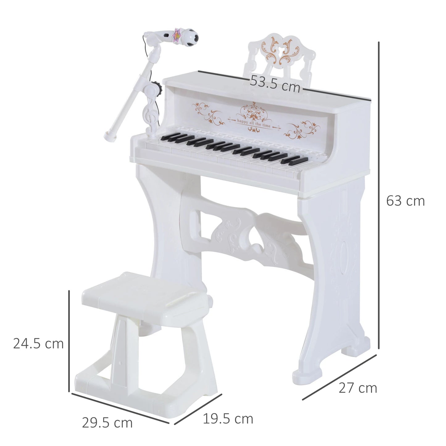 37 Key Kids Piano / Electric Keyboard with Stool and Microphone - White