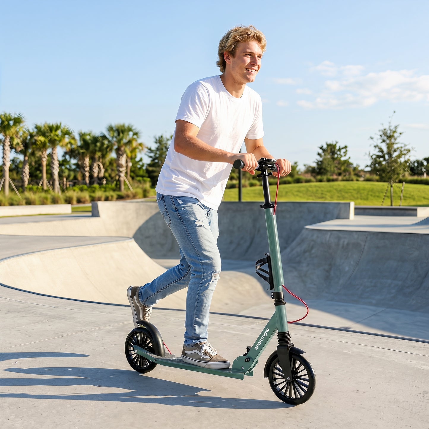 Foldable Kick Scooter with Height Adjustable Handlebar, One-click Folding Adult Scooters with 200 mm Big Wheels, Silver Tone