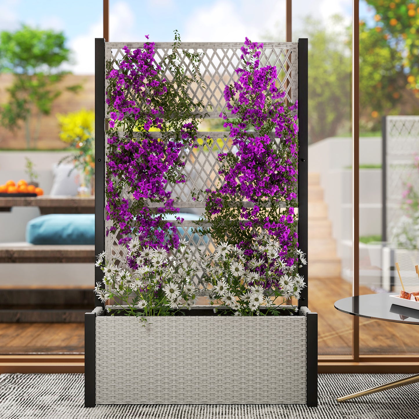 Garden Planter Box with Trellis, Liner for Climbing Plants, Vegetables, Flowers, Mixed-grey
