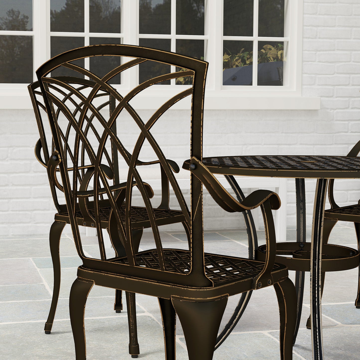 5 Pieces Garden Dining Set for 4, Cast Aluminium Outdoor Dining Set with 4 Armchairs and Round Dining Table with Parasol Hole