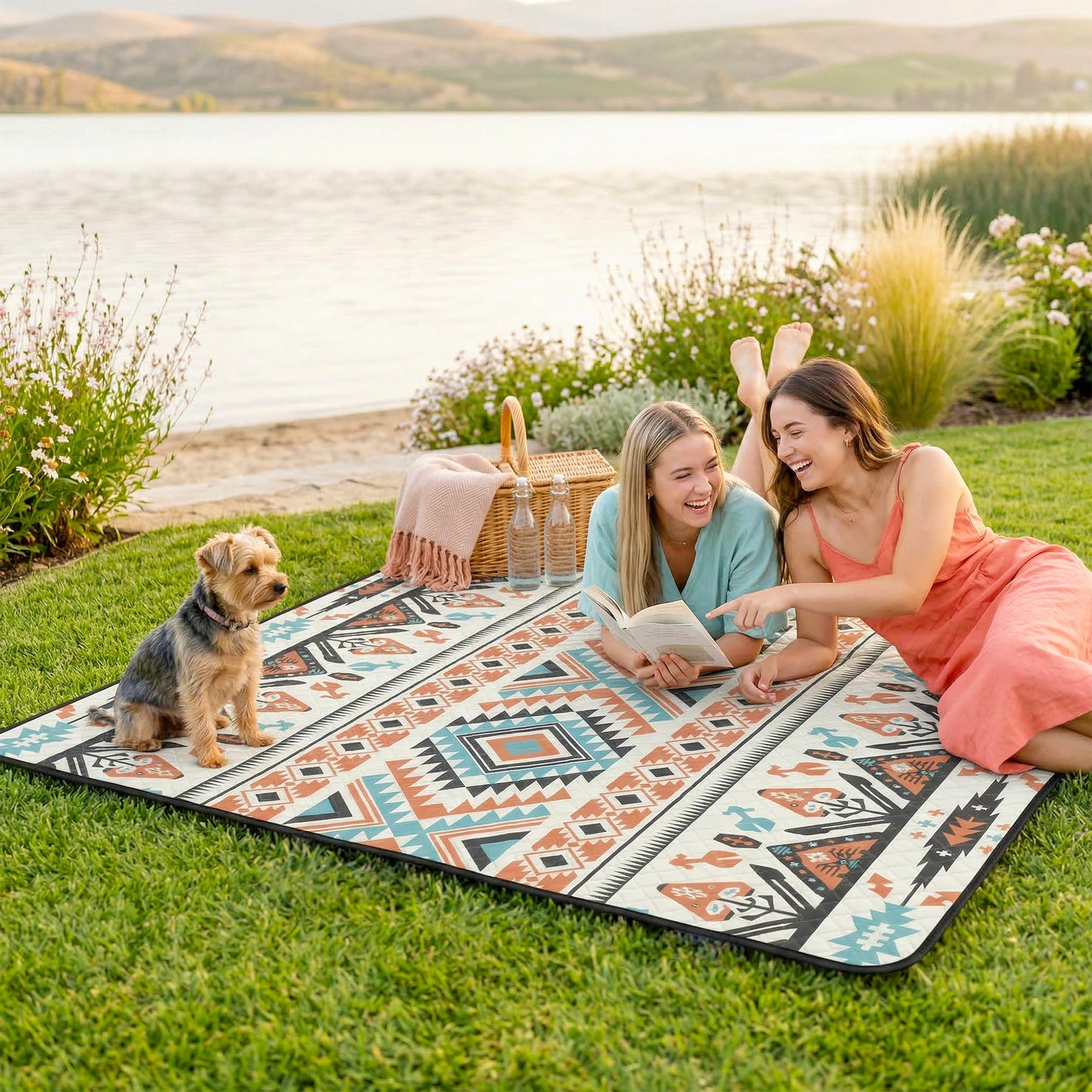 Picnic Blanket, 200x200CM Large Beach Blanket Outdoor Picnic Mat with Integrated Strap for Camping, Mix-Colour