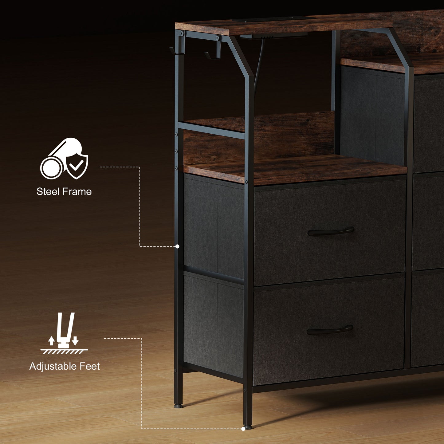 Chest of Eight Drawers, with Charging Station - Brown/Black
