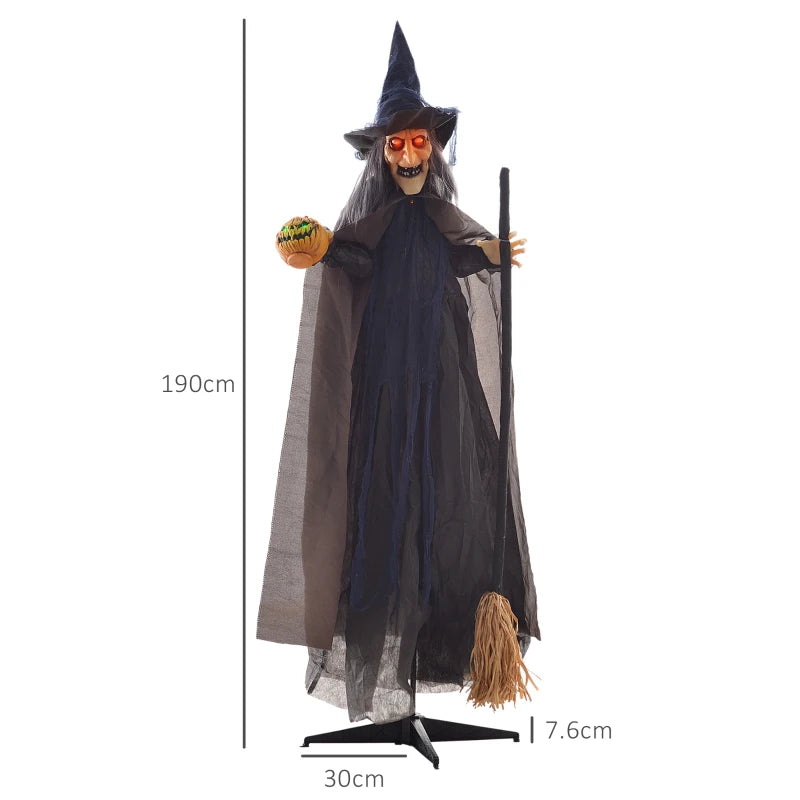 190cm - Witch with Broomstick and Glowing Eyes Halloween Decoration