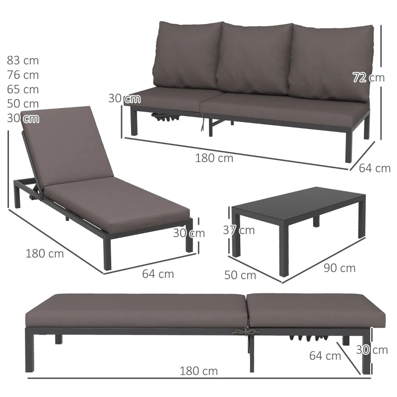 2-in-1 - Garden Sun Lounger / Sofa Set with Tempered Coffee Glass Table