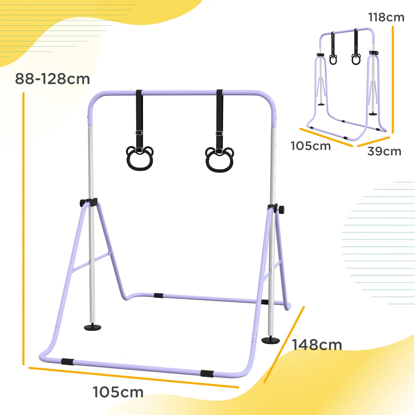 Adjustable Height Gymnastics Bar with Gymnastic Rings Attachment Included - For Kids - Purple