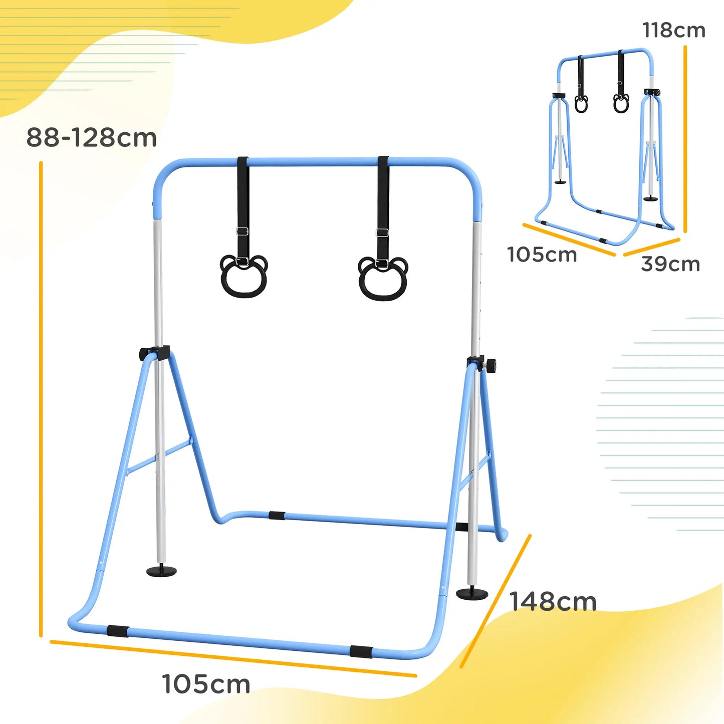 Adjustable Height Gymnastics Bar with Gymnastic Rings Attachment Included - For Kids - Blue
