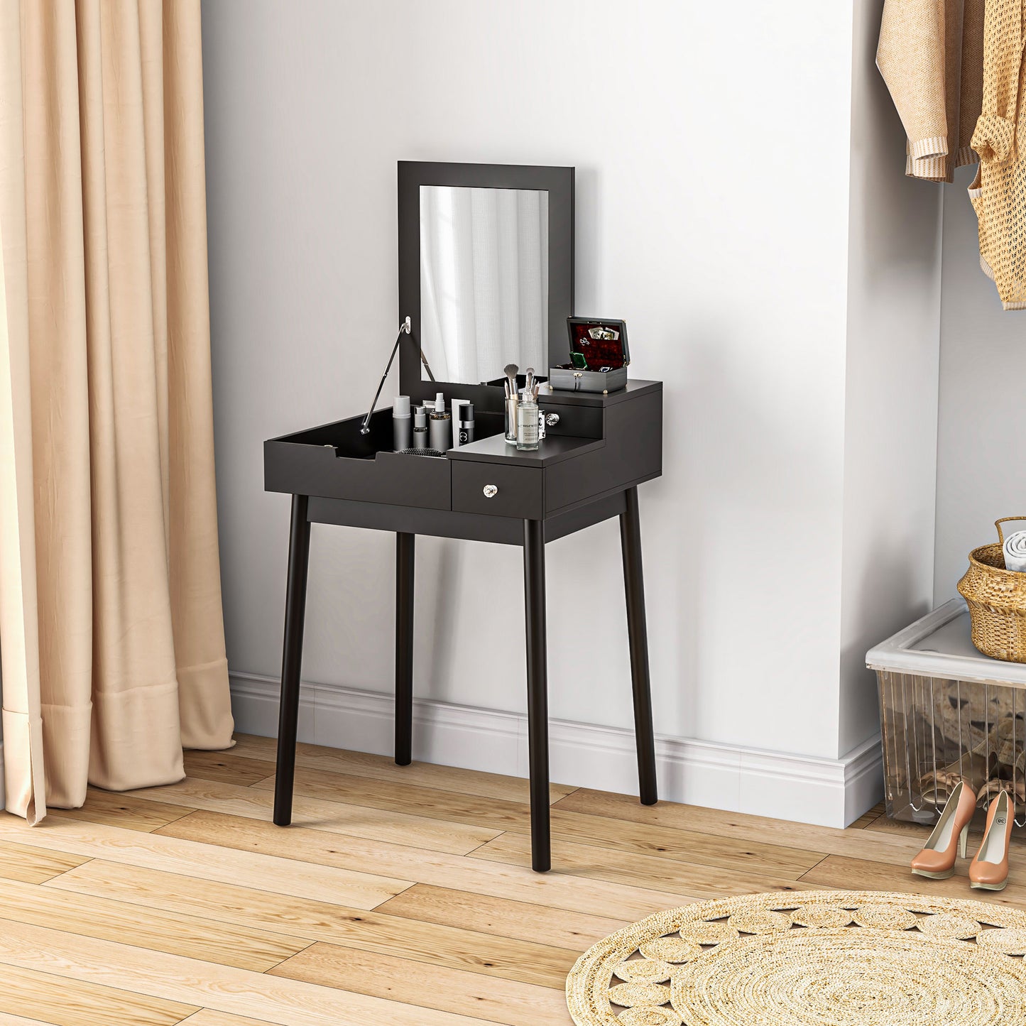 Dressing Table with Flip-up Mirror, Makeup Desk with 2 Drawers and Pine Wood Legs