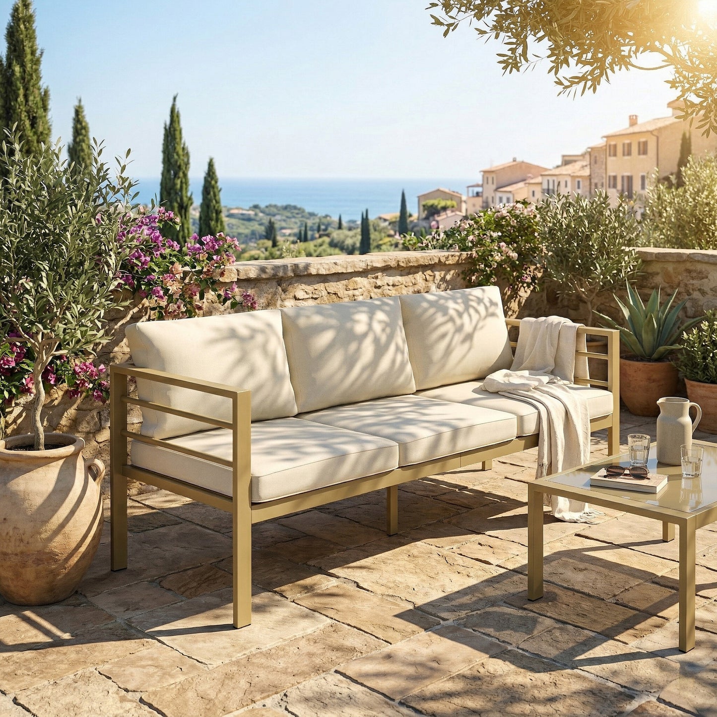 Garden Bench with Cushions, 3-Seater Sofa with Backrest, Armrest and Back Cushions, 185 x 66 x 64cm, Cream White