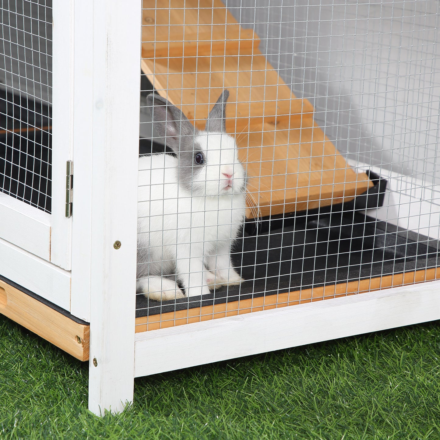 Rabbit Hutch Guinea Pig Hutch Wooden House with Run, 2 Tier Pet Cage Outdoor with No-leak Plastic Trays, 157.4 x 53 x 93.5cm