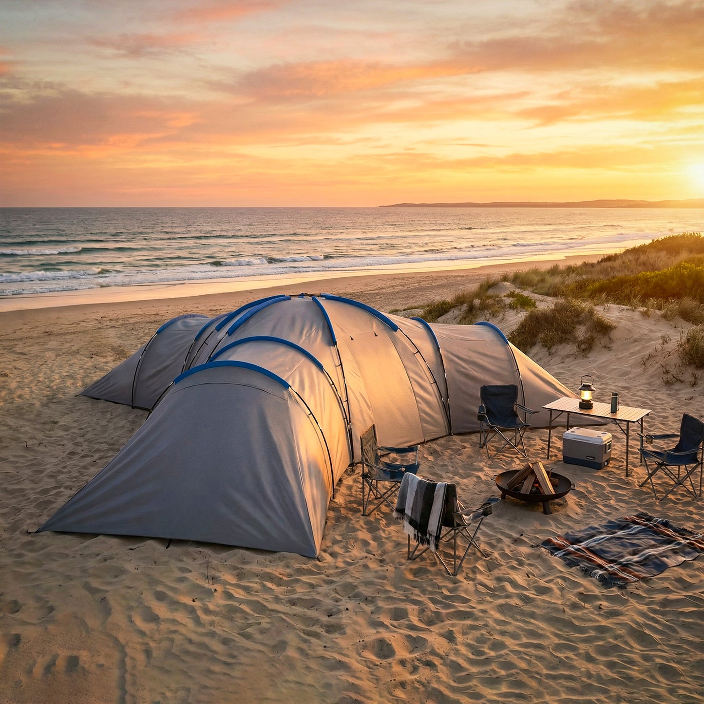 6-9 Man Large Tunnel Tent with 3 Bedrooms, Living Area and Porch, Stand-up Camping Tent, Portable with Bag, Light Grey