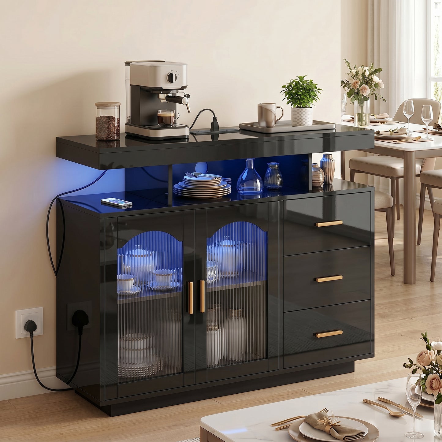 High Gloss Sideboard with LED Lights, Built-in Power Outlets, 3 Drawers, Shelves and 2 Acrylic Doors, Black