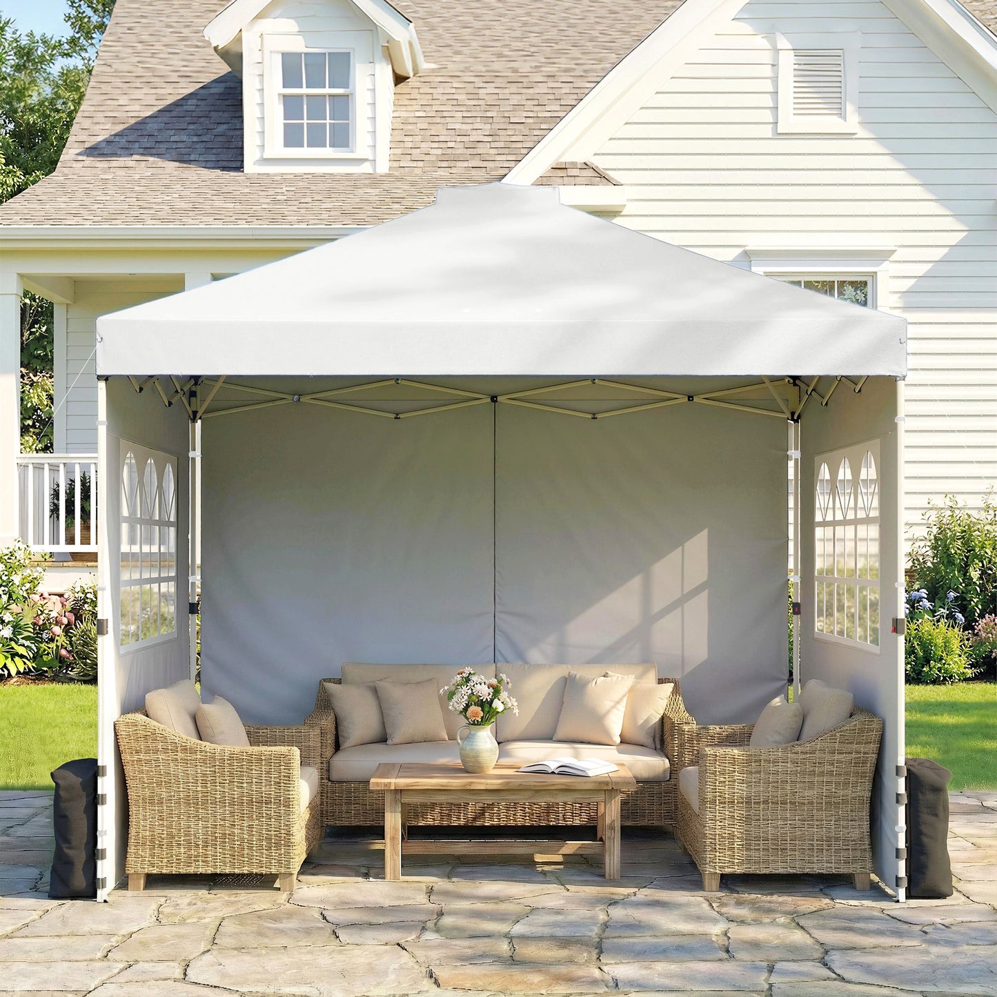 Pop Up Gazebo Waterproof Height Adjustable Canopy with 3 Sidewalls Wheeled Bag for Parties 3 x 3 m White