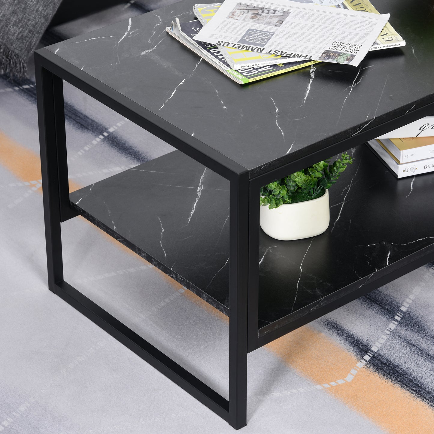 Coffee Table, Two-Tier Faux Marble Effect Centre Table with Metal Frame and Storage Shelf for Living Room, 106 x 50 x 45cm