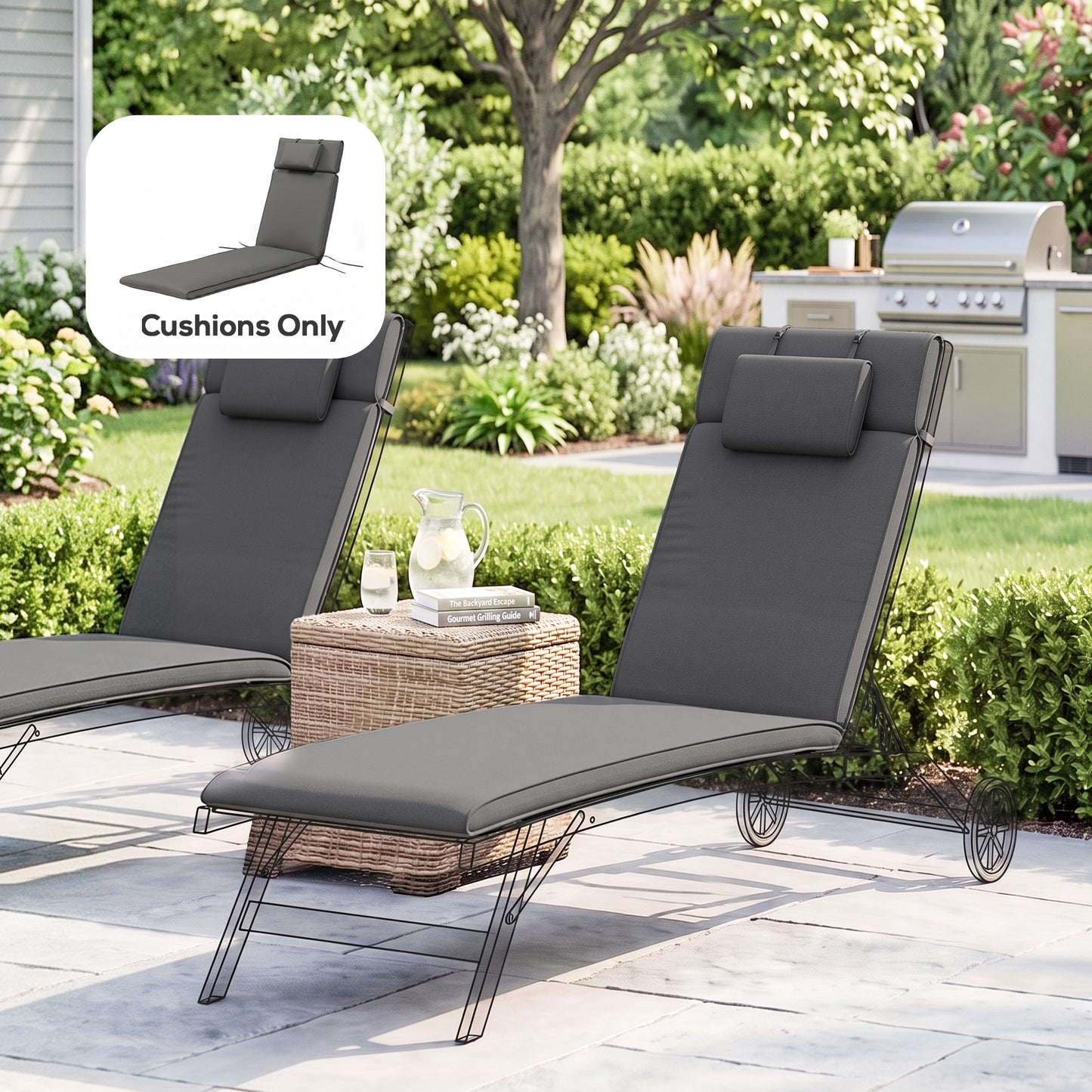 Garden Sun Lounger Cushion Replacement Soft Sunbed Reclining Chair Relaxer Pad with Pillow, Cushion ONLY - Grey