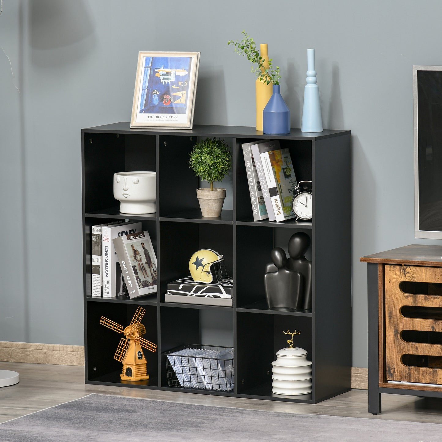 3-tier 9 Cubes Storage Unit Particle Board Cupboard Bookcase Organiser Home Office Shelves, Black