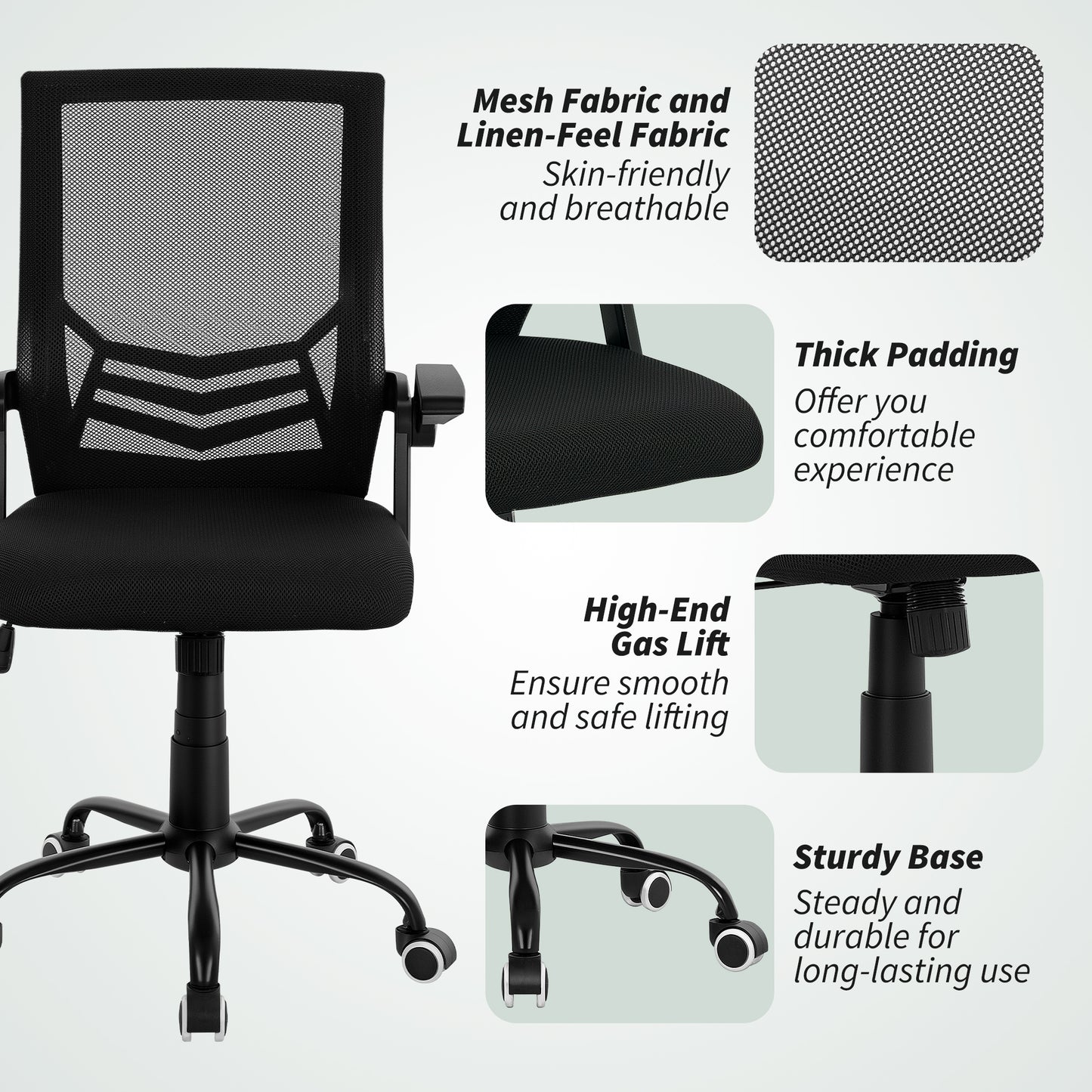 Mesh Office Chair, Computer Desk Chair with Flip-up Armrests, Lumbar Back Support and Swivel Wheels, Black