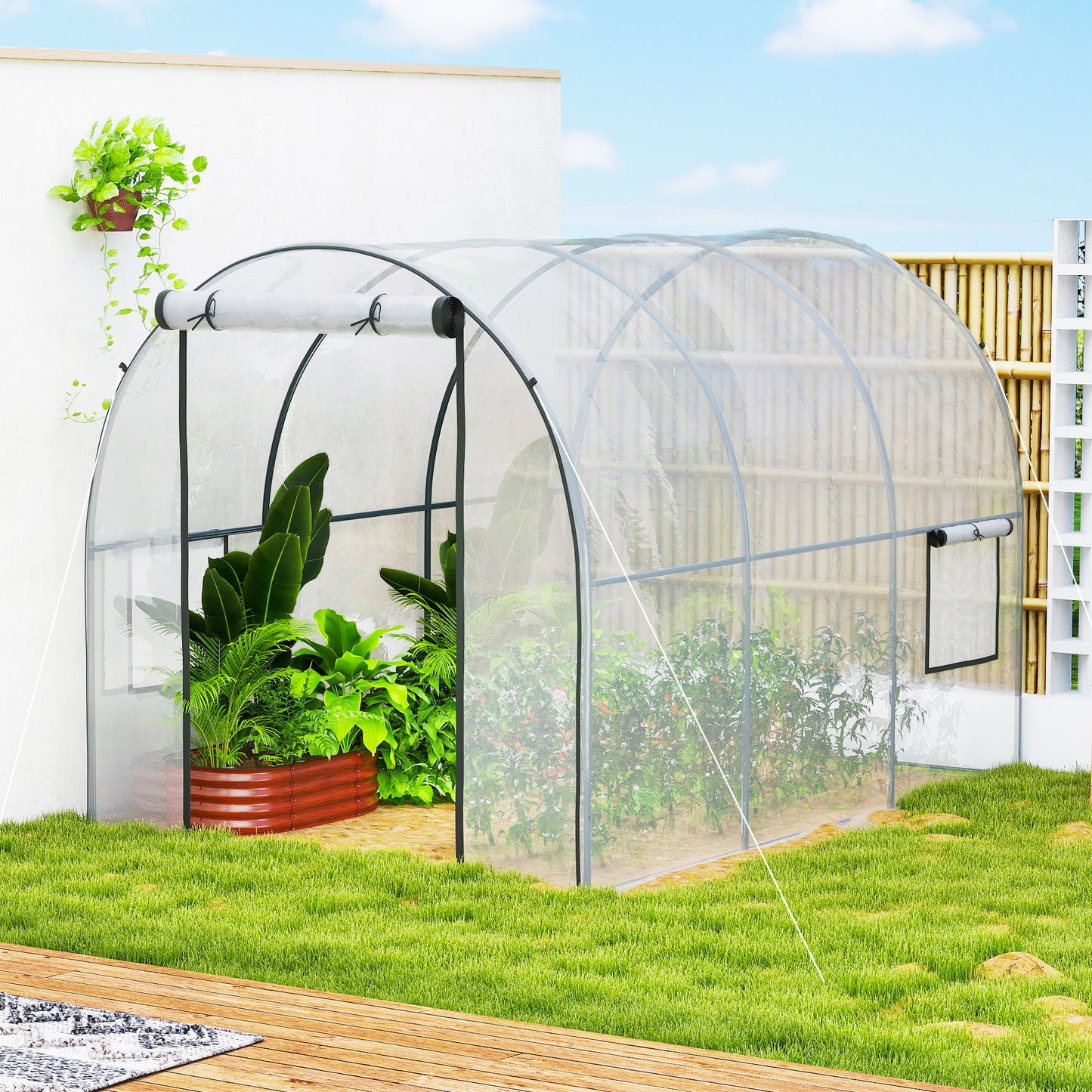 Polytunnel Greenhouse Walk-in Grow House with Plasric Cover, Door, Mesh Window and Steel Frame, 3 x 2 x 2m, Clear
