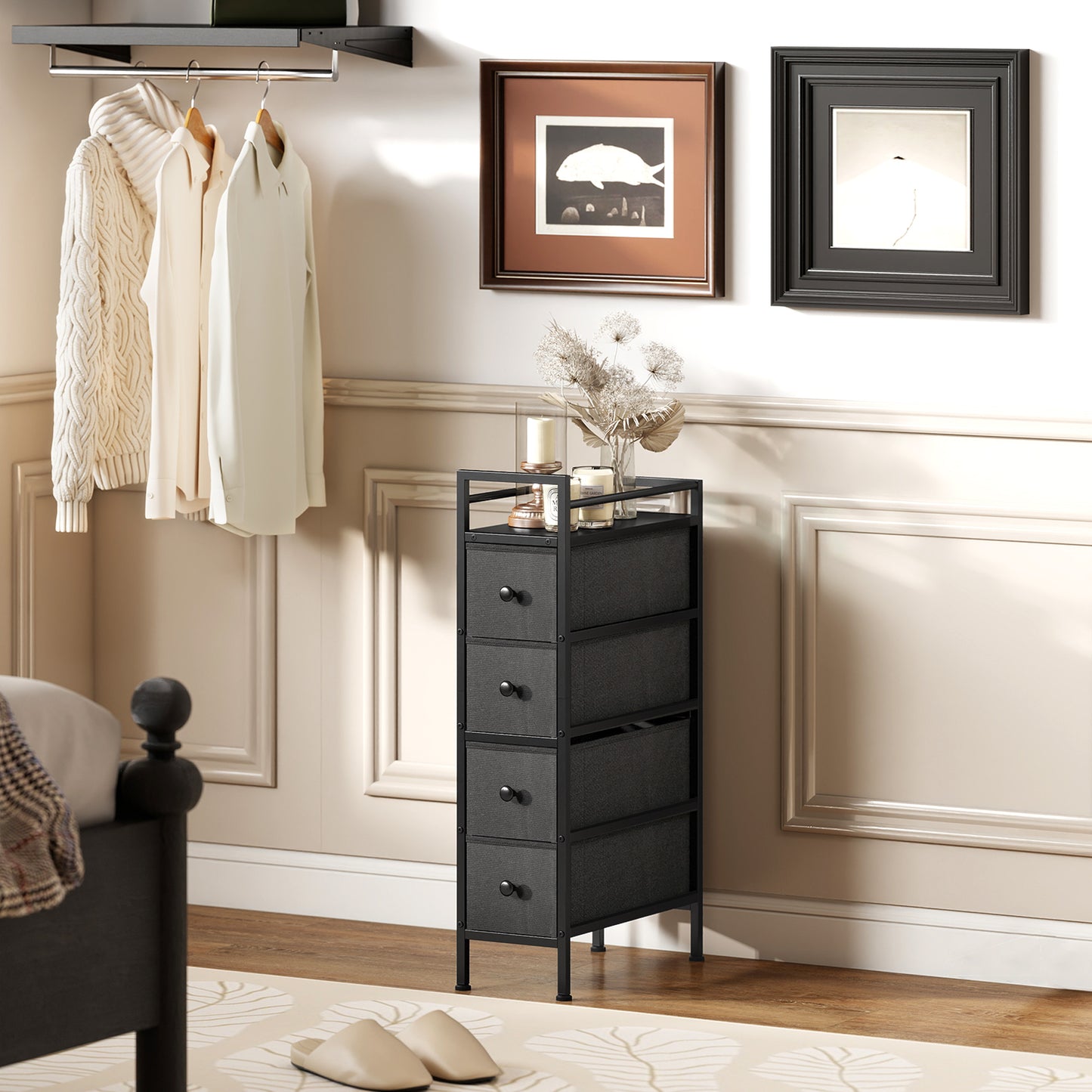 4 Drawer Fabric Dresser Chest of Drawers, Slim Storage Cabinet with Steel Frame for Small Spaces, Bedroom, Black