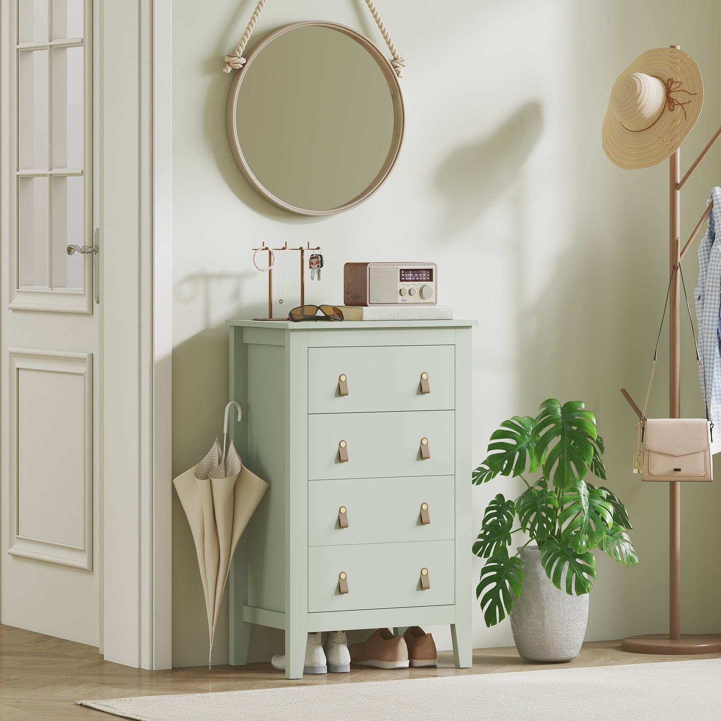 Bedroom Chest of Drawers, Modern 4 Drawer Dresser Cabinet with PU Leather Handles and Metal Runners for Living Room, Hallway