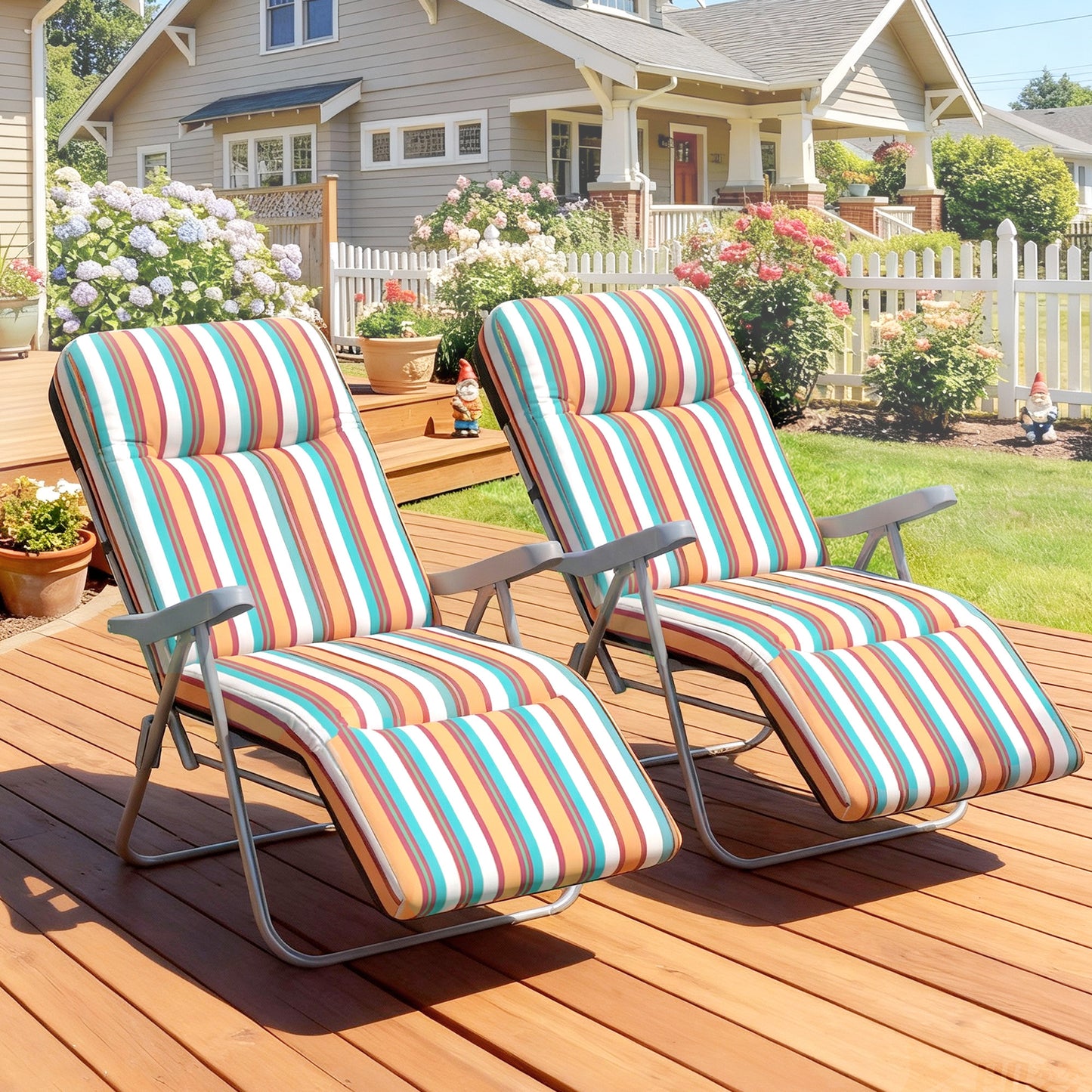 Set of 2 Foldable Patio Sun Lounger with Adjustable Backrest and Cushion, Multicoloured