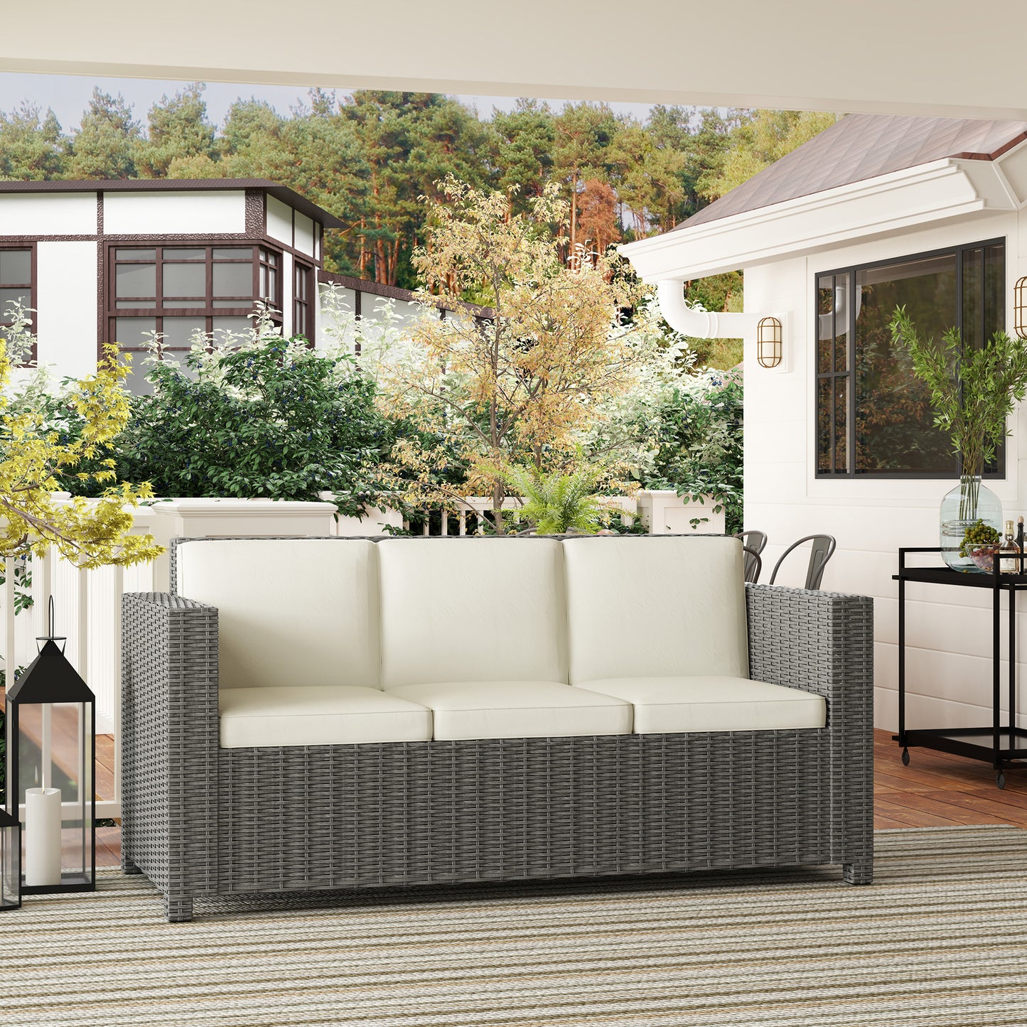 3 Seater Rattan Sofa All-Weather Wicker Weave Metal Frame Chair with Fire Resistant Cushio-Cream