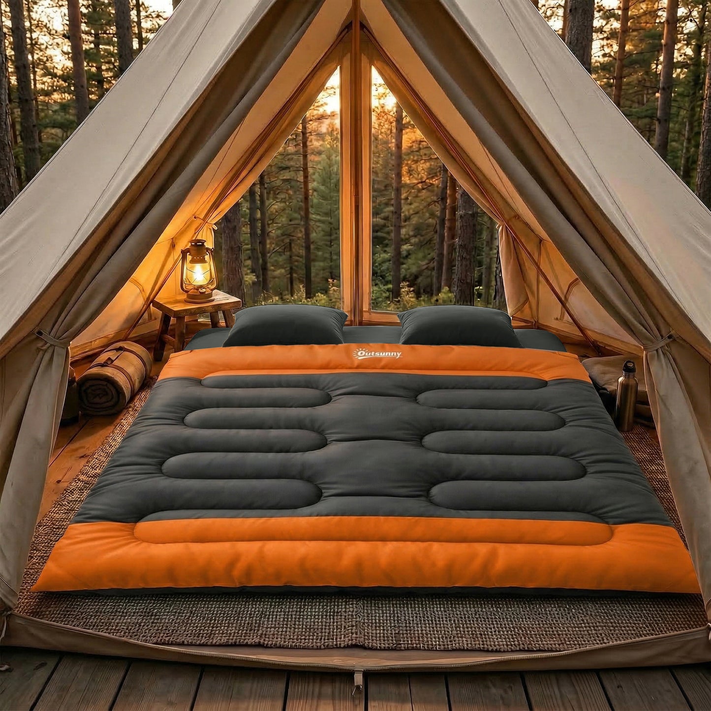 Double Sleeping Bag with 2 Pillows, 220 x 160 cm Extra-Large Sleeping Bag for Adults, Grey and Orange