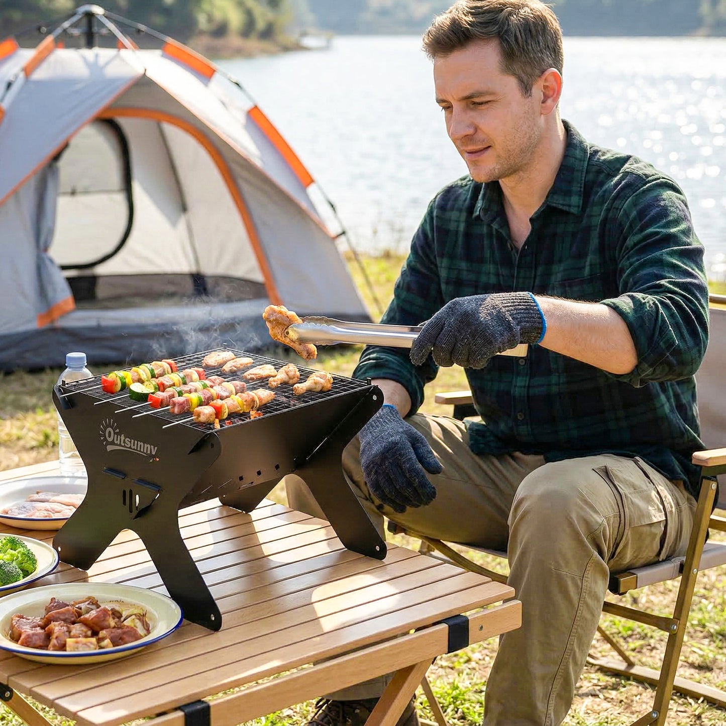2-In-1 Portable BBQ Grill and Camping Fire Pit, Tabletop Charcoal Barbecue Grill with Gripper, Gloves and Carry Bag