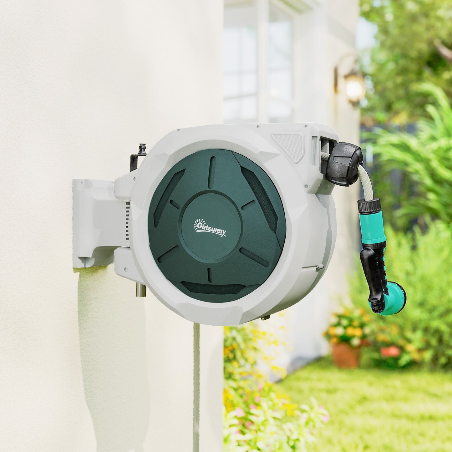 Retractable Hose Reel Wall Mounted, 30+2m Garden Hose Pipe Reel with Lock, Auto Rewind, 7 in 1 Spray Nozzle