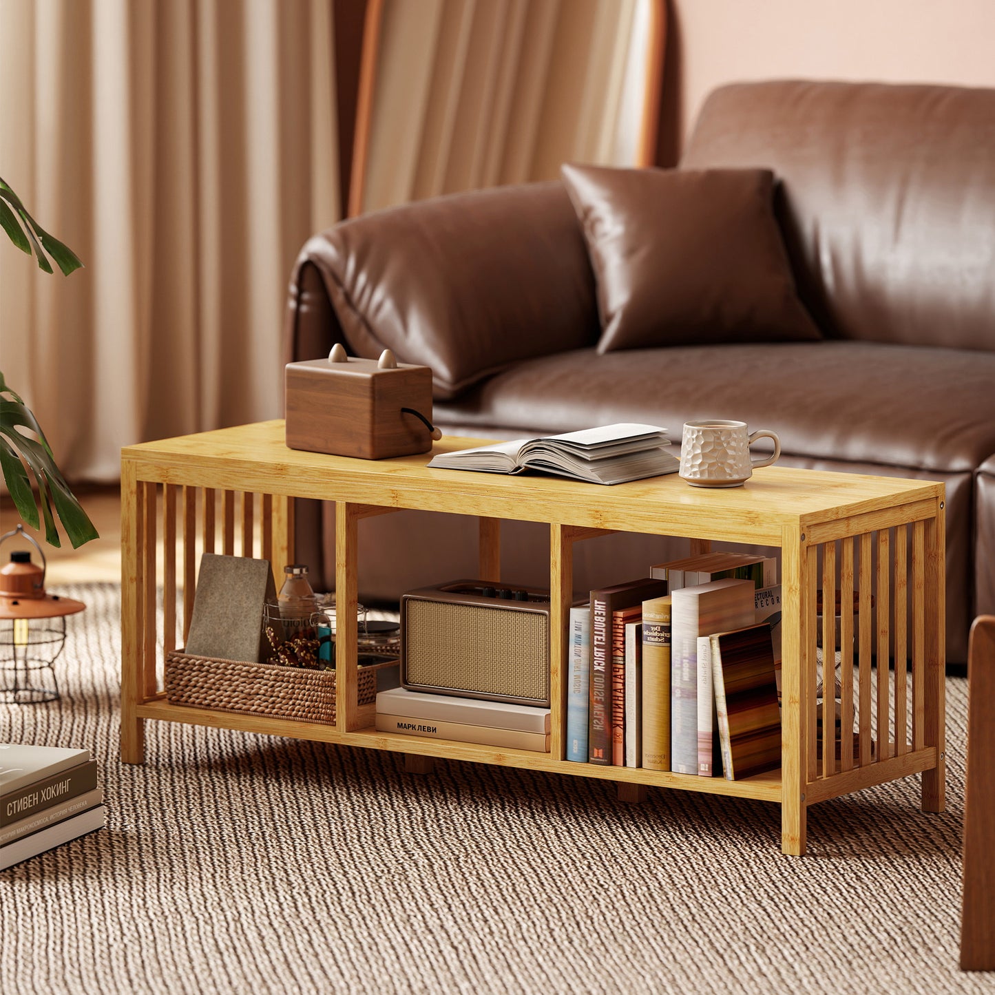Bamboo Shoe Bench, Entryway Storage Bench with Padded Cushion and Open Shelf, Natural Wood Finish