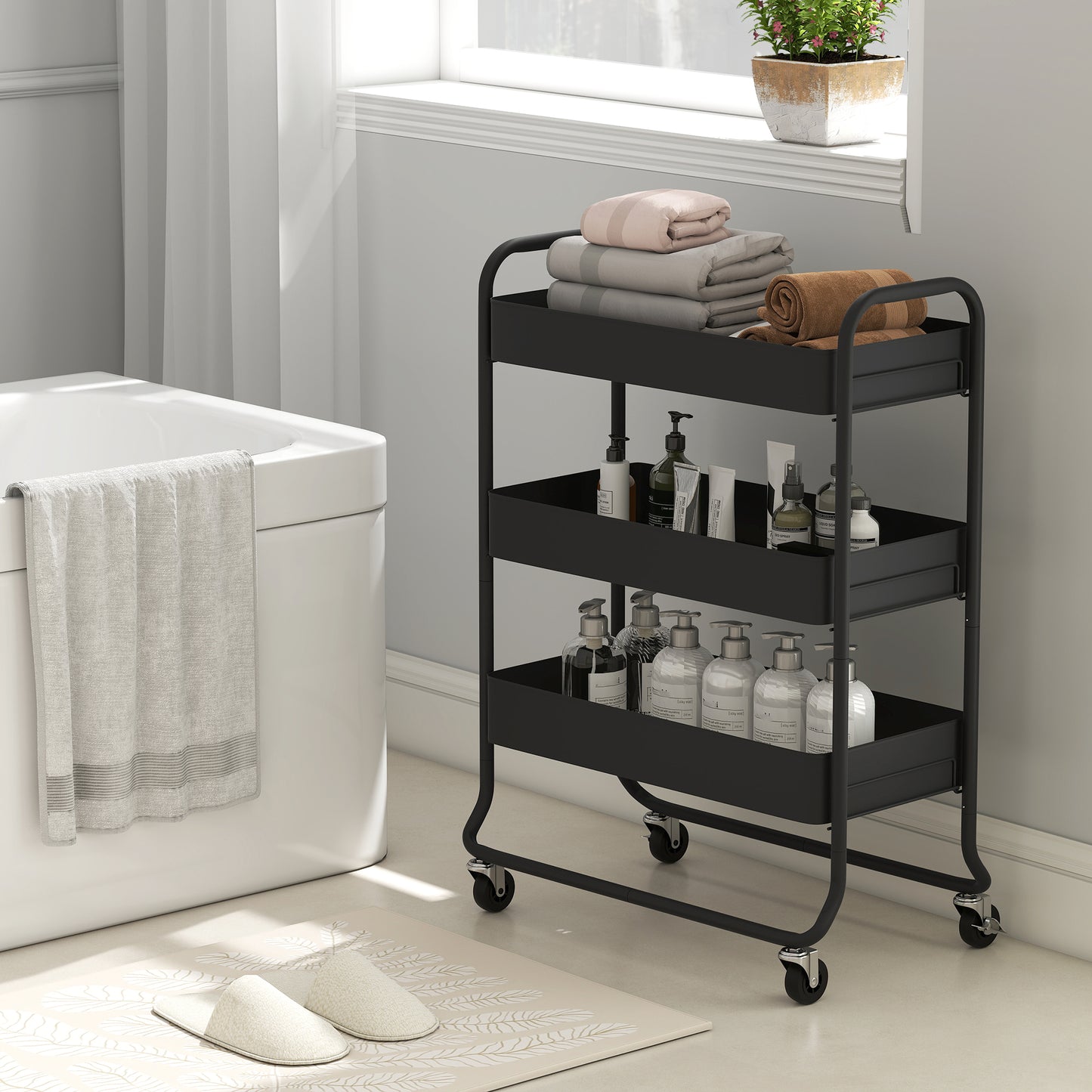 3-Tier Storage Trolley on Wheels, Rolling Utility Cart with Mesh Backets for Kitchen, Bathroom, Bedroom, Black