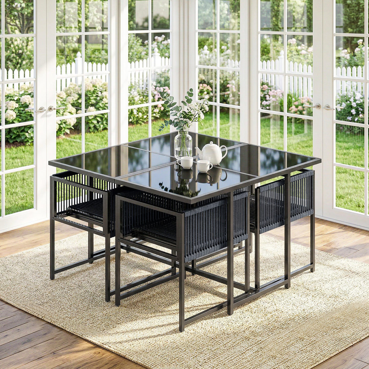 5 Pieces Garden Dining Set, Outdoor Patio Cube Set, 4 Seater Outdoor Table and Chairs with Foldable Backrest, Dark Grey