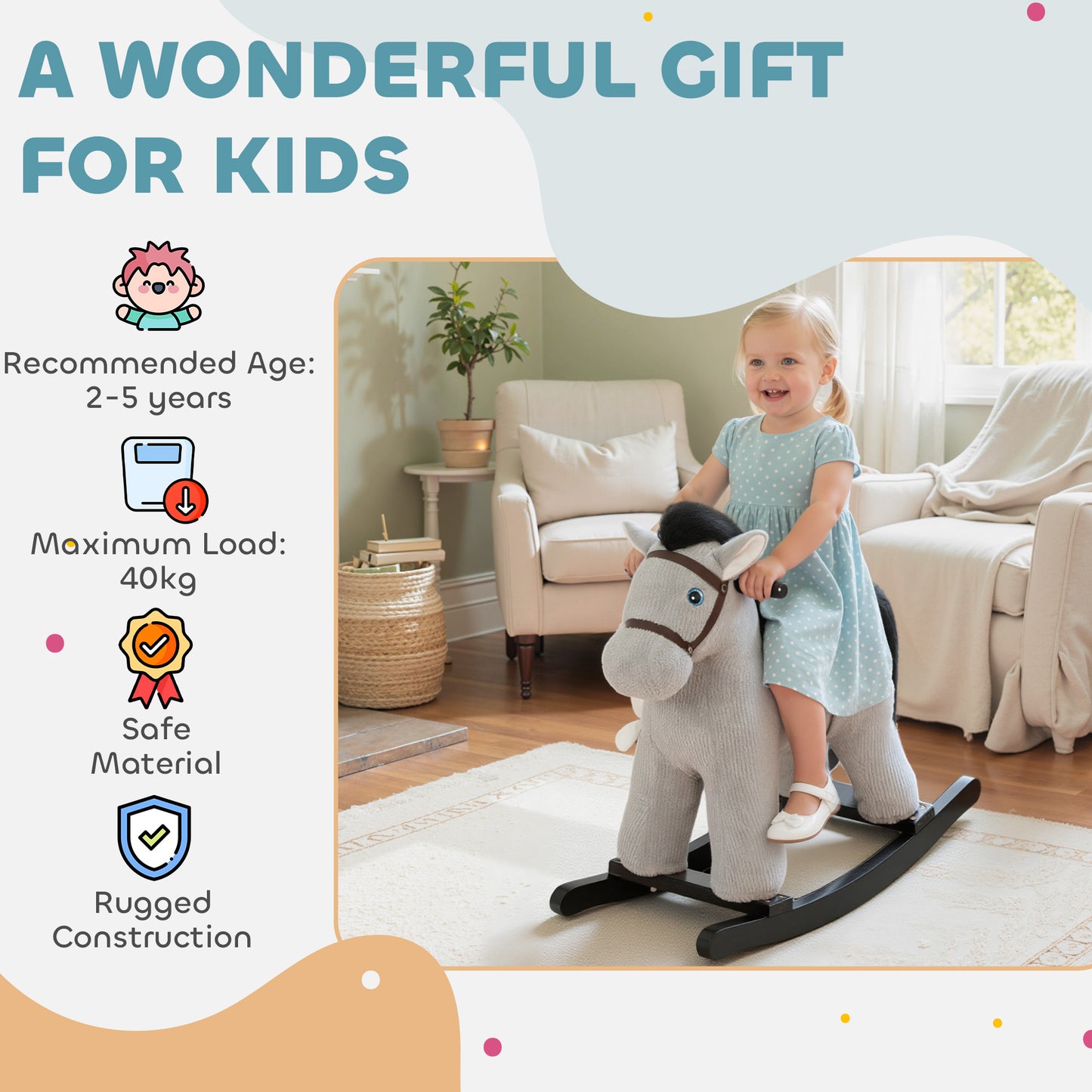 Baby Rocking Horse, Plush Ride on Toy with Handle Grip, Sound and Doll, Toddler Animal Rocker for Kids Aged 2-5, Grey